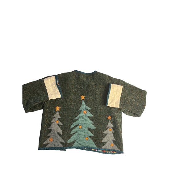 Green Wool Blend Holiday Cardigan W/ Snowman & Tree Appliques -  Large button - Picture 2 of 15